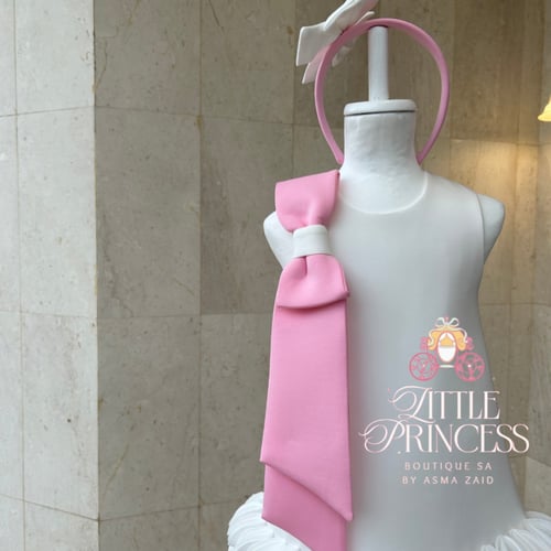 Elegance white dress with pink bow + hairband فستا...