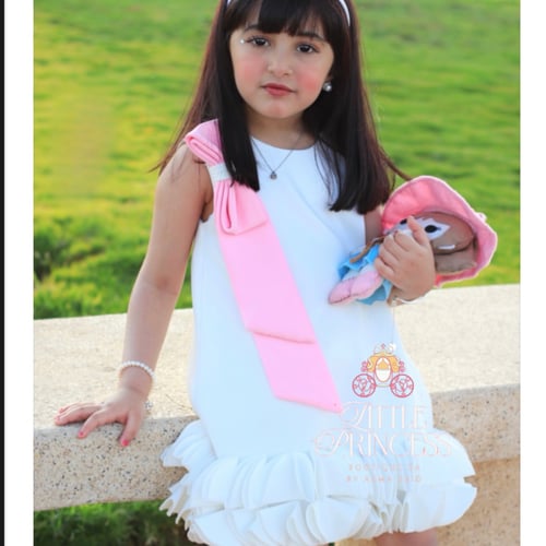 Elegance white dress with pink bow + hairband فستا...