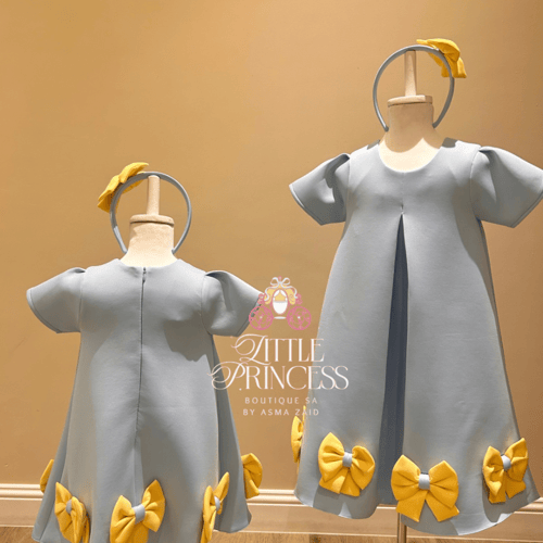 Light blue and yellow bow dress + hairband فستان ا...