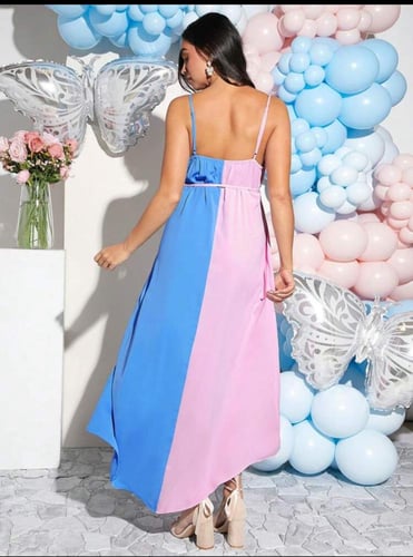 فستان ازرق ووردي لحفل كشف جنس الجنين