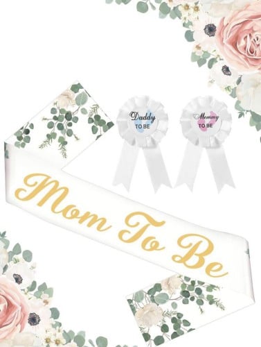 وشاح و2 بروش للام والاب لحفل كشف جنس الجنين