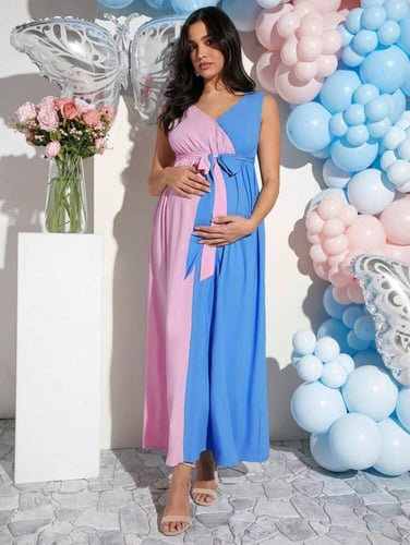 فستان ازرق ووردي لحفل كشف جنس الجنين