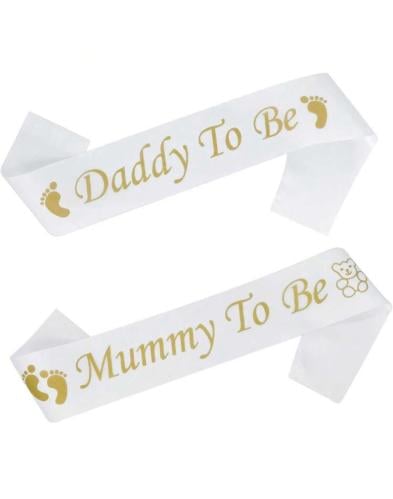 وشاح للأم والاب ابيض وذهبي لحفل كشف جنس الجنين