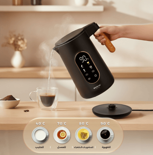 غلاية ماء ريبون الكهربائية - ستيل أسود ومقبض خشبي
