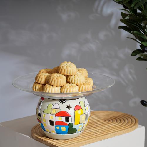 صحن تقديم زجاجي مع قاعدة بطابع رمضاني مقاس 15*26*2...