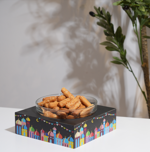 قاعدة تقديم مع وعاء زجاجي شفاف برسومات ملونة