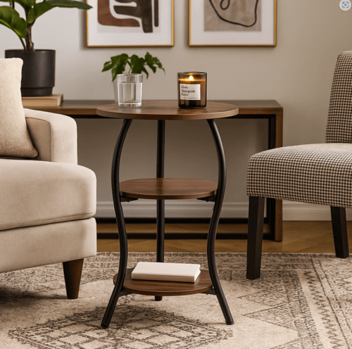 طاولة جانبية خشبية بثلاثة مستويات بإطار معدني عصري