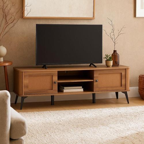 طاولة تلفزيون خشب وقواعد معدن لون بني مقاس 160x40x...