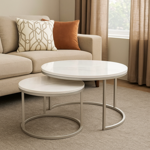 طقم طاولات متداخل معدن لون فضي وسطح أبيض - 2 حبة