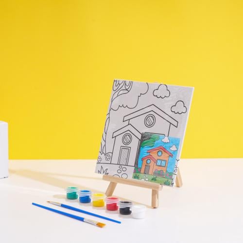 لوحة كانفس للأطفال بتصميم منزل مع ألوان وفرشاة