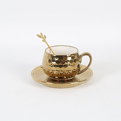 فنجان قهوة بنقش ذهبي مضلع من البورسلين مع صحن و مل...