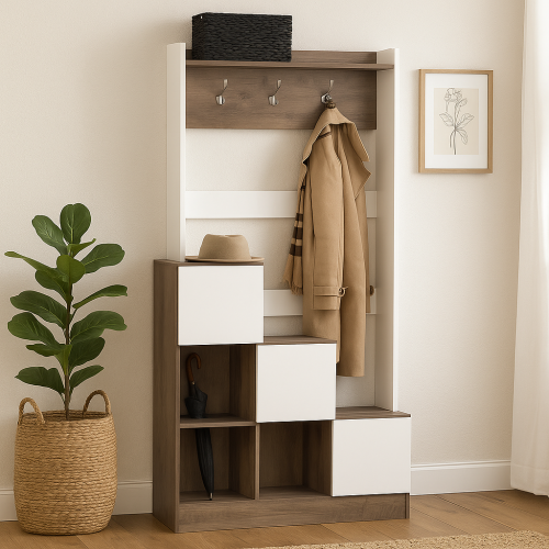 علاقه ملابس مع وحده تخزين خشب ماليزي لون بني X ابي...