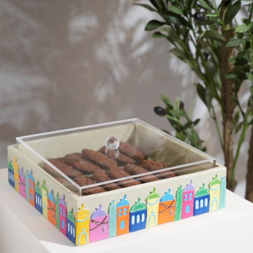 صحن تقديم رمضاني مربع بغطاء اكريليك شفاف