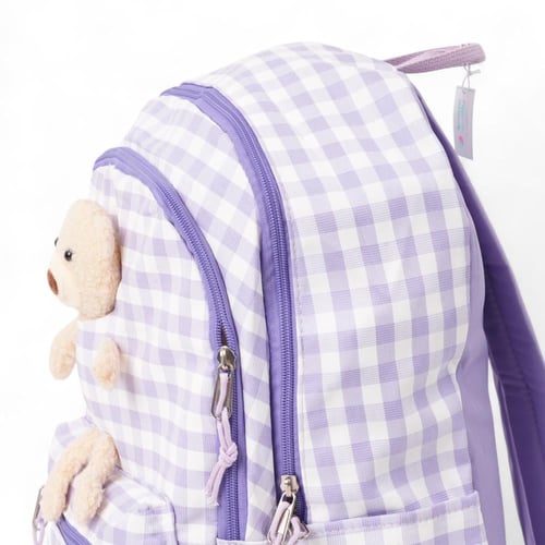 شنطة ظهر مدرسية بناتي بتصميم مربعات ودمية دب بلون...