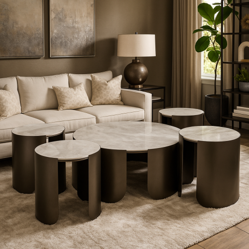 طقم طاولات سطح رخامي وقواعد معدن لون بني - 5 حبه