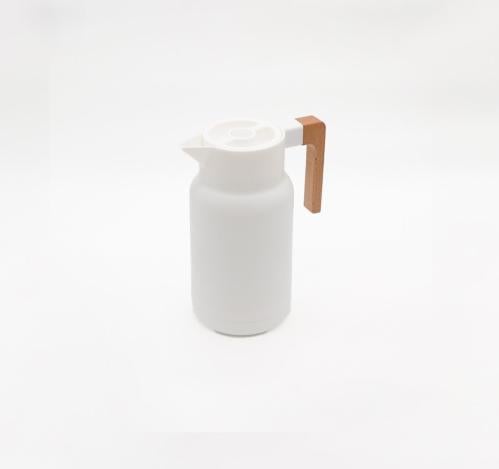 ترمس حراري بتصميم عصري – أبيض بمقبض خشبي