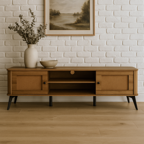 طاولة تلفزيون خشب وقواعد معدن لون بني مقاس 180x40x...