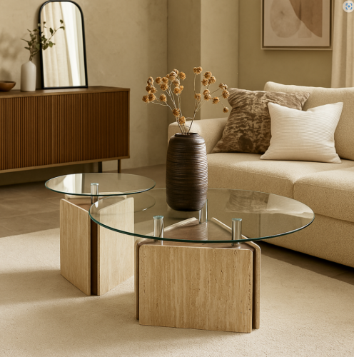 طقم طاولات مودرن بسطح زجاجي شفاف وقاعدة خشبية أنيق...