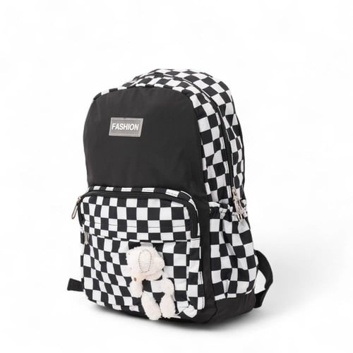 شنطة ظهر مدرسية بتصميم شطرنج أبيض وأسود بدبدوب لطي...