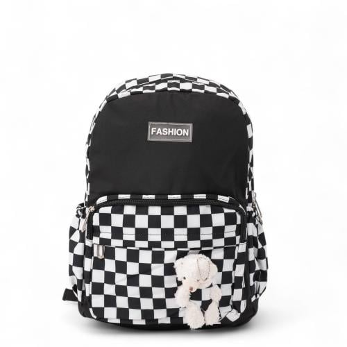 شنطة ظهر مدرسية بتصميم شطرنج أبيض وأسود بدبدوب لطي...
