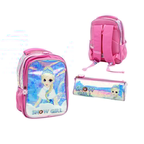 حقيبة ظهر شكل سنو جيرل مع مقلمة لون زهري