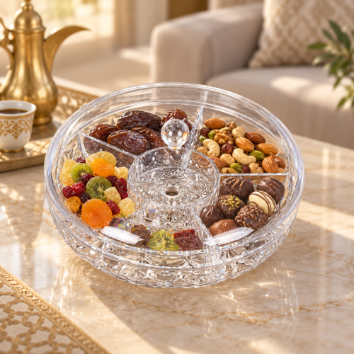 صحن تقديم خشب مقسم 4 أقسام مع غطاء شفاف