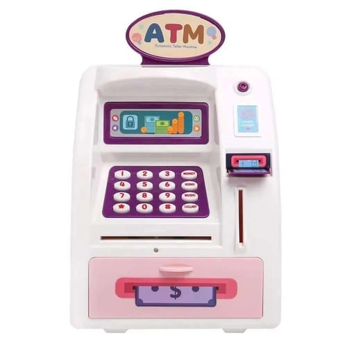 حصالة نقود بتصميم ماكينة الصراف الآلي لون ابيض وور...