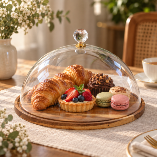 صحن تقديم خشب دائري بغطاء أكريليك شفاف