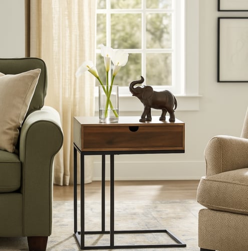 طاولة جانبية خشبية مع درج وقاعدة معدنية