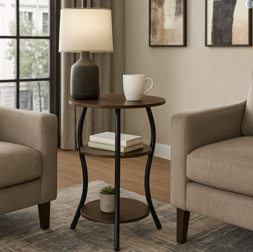 طاولة جانبية خشبية بثلاثة مستويات بإطار معدني عصري