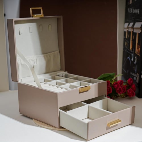 صندوق تنظيم مجوهرات بجلد صناعي مع درج قابل للإزاله