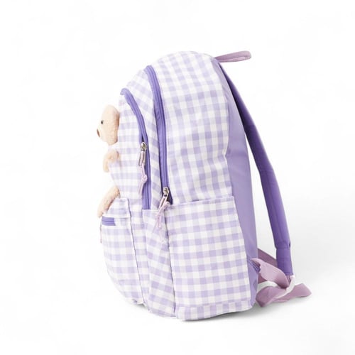 شنطة ظهر مدرسية بناتي بتصميم مربعات ودمية دب بلون...