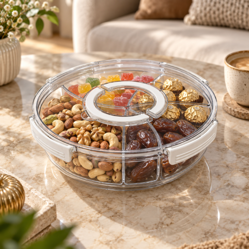 صحن تقديم أكريليك شفاف 5 أقسام مع غطاء