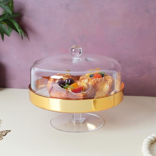 صحن تقديم الكيك بقاعدة وبغطاء لحفظ الحلي لون شفاف...