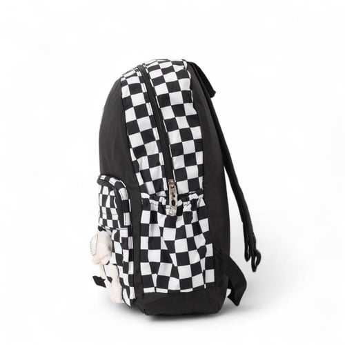 شنطة ظهر مدرسية بتصميم شطرنج أبيض وأسود بدبدوب لطي...