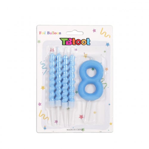 شمعة عيد ميلاد بتصميم رقم 8 باللون الازرق مع 4 شمع...