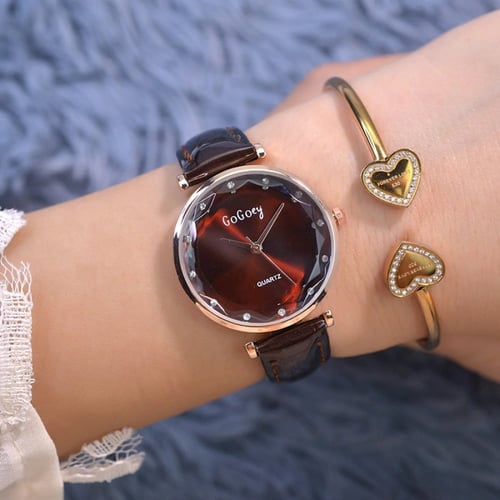 ساعة نسائية كوارتز أنيقة بحزام جلد عالي الجودة لون...