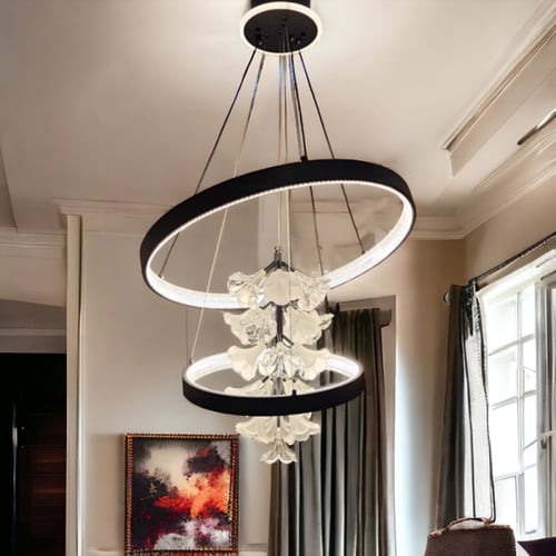 نجفة ليد ازهار زجاج ذهبي 60 - 40 سم مع ريموت اضاءة