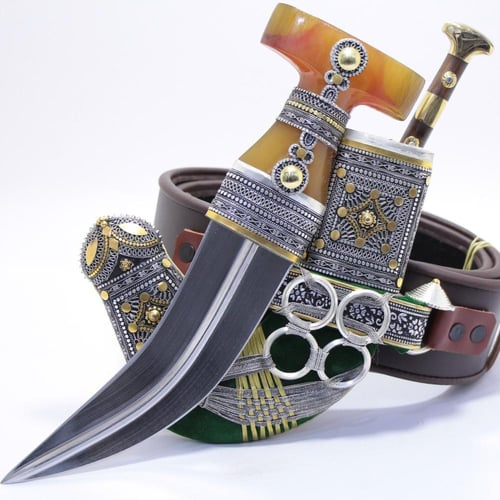 خنجر حك زراف معرق مقاس 5معدن مطلي فضة