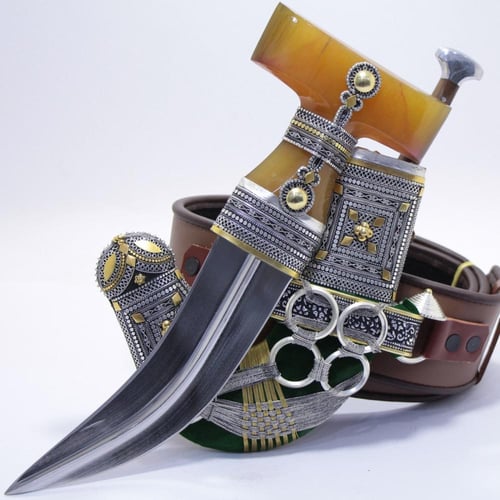 خنجر حك زراف معرق مقاس 5معدن مطلي فضة