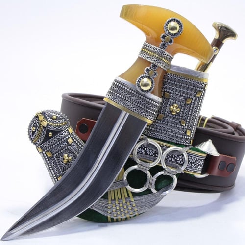 خنجر حك زراف معرق مقاس 5معدن مطلي فضة