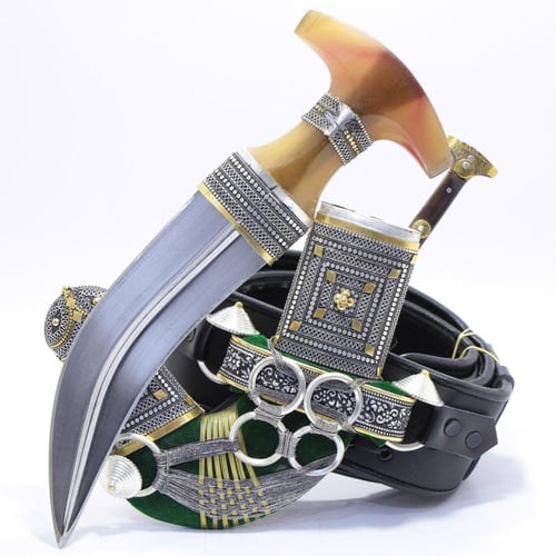 خنجر حك زراف معرق مقاس 5معدن مطلي فضة