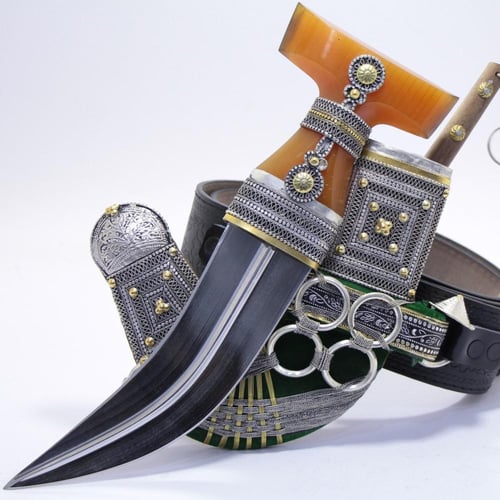 خنجر حك زراف معرق مقاس 5 معدن مطلي فضة