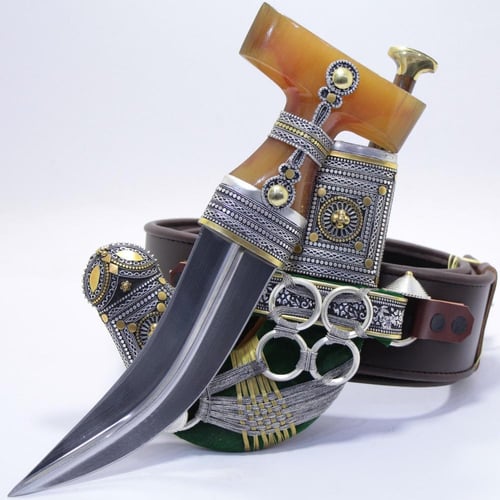 خنجر حك زراف معرق مقاس 5معدن مطلي فضة