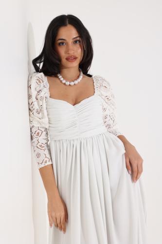 Plain draped crepe Kftans dress with puffy lace sleeves