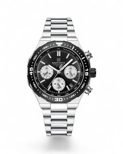 ساعة رجالية كرونوغراف فضي اطار أسود ميناء أسود