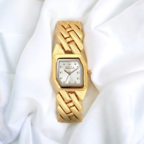 ساعه نسائيه مربعه ذهبي ميناء فضي