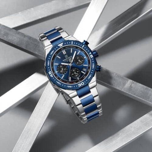 ساعة رجالية كرونوغراف فضي ميناء أزرق