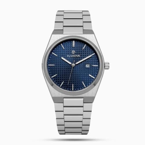 ساعة رجالية ستيل فضي ميناءً ازرق