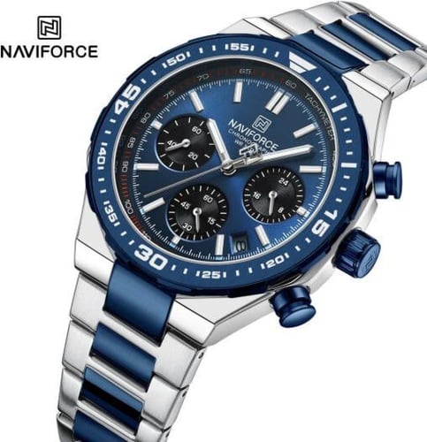 ساعة رجالية كرونوغراف فضي ميناء أزرق